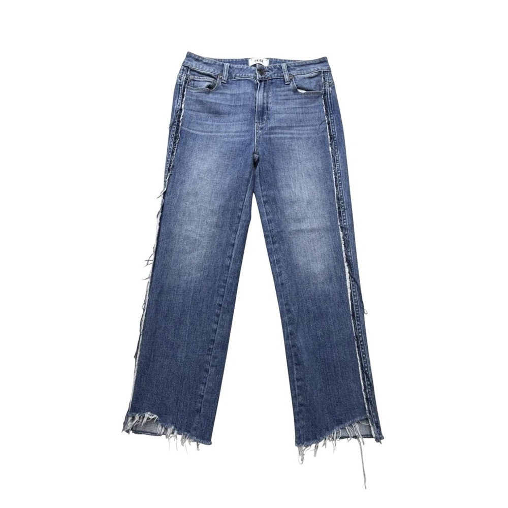 Paige Noella Straight Jeans Womens 27 Blue Medium Wash Raw Hem Distressed Fringe